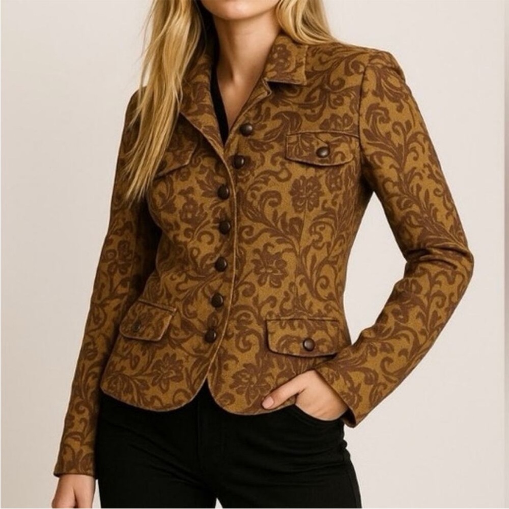 Peruvian Connection Floral Brocade Blazer Jacket Brown Cotton Blend Size US 10